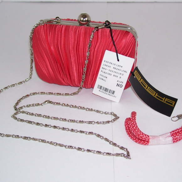 Sasha Coral Satin Pleated Evening Handbag - Picture 1 of 8